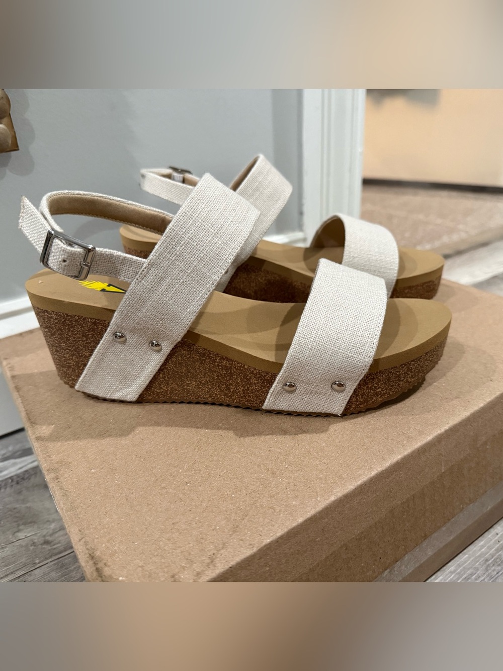 Volatile cream natural oatmeal wedge sandal